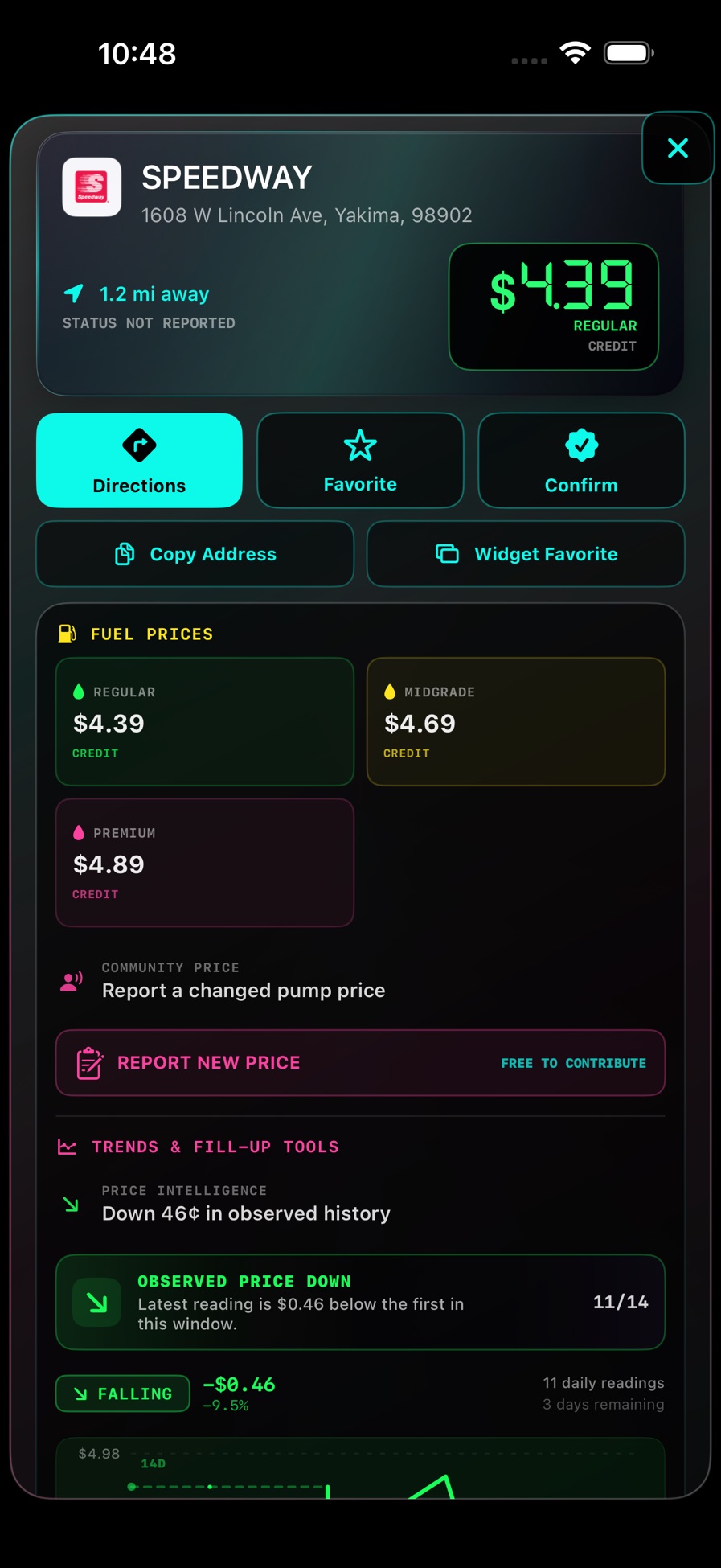 Opened station details showing available fuel prices, directions, favorites and community price reporting